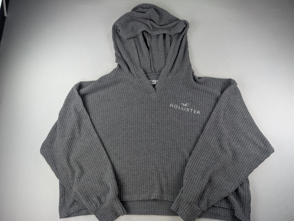 Hollister Men’s Large Gray Waffle Knit Pullover Hoodie Y2K Logo